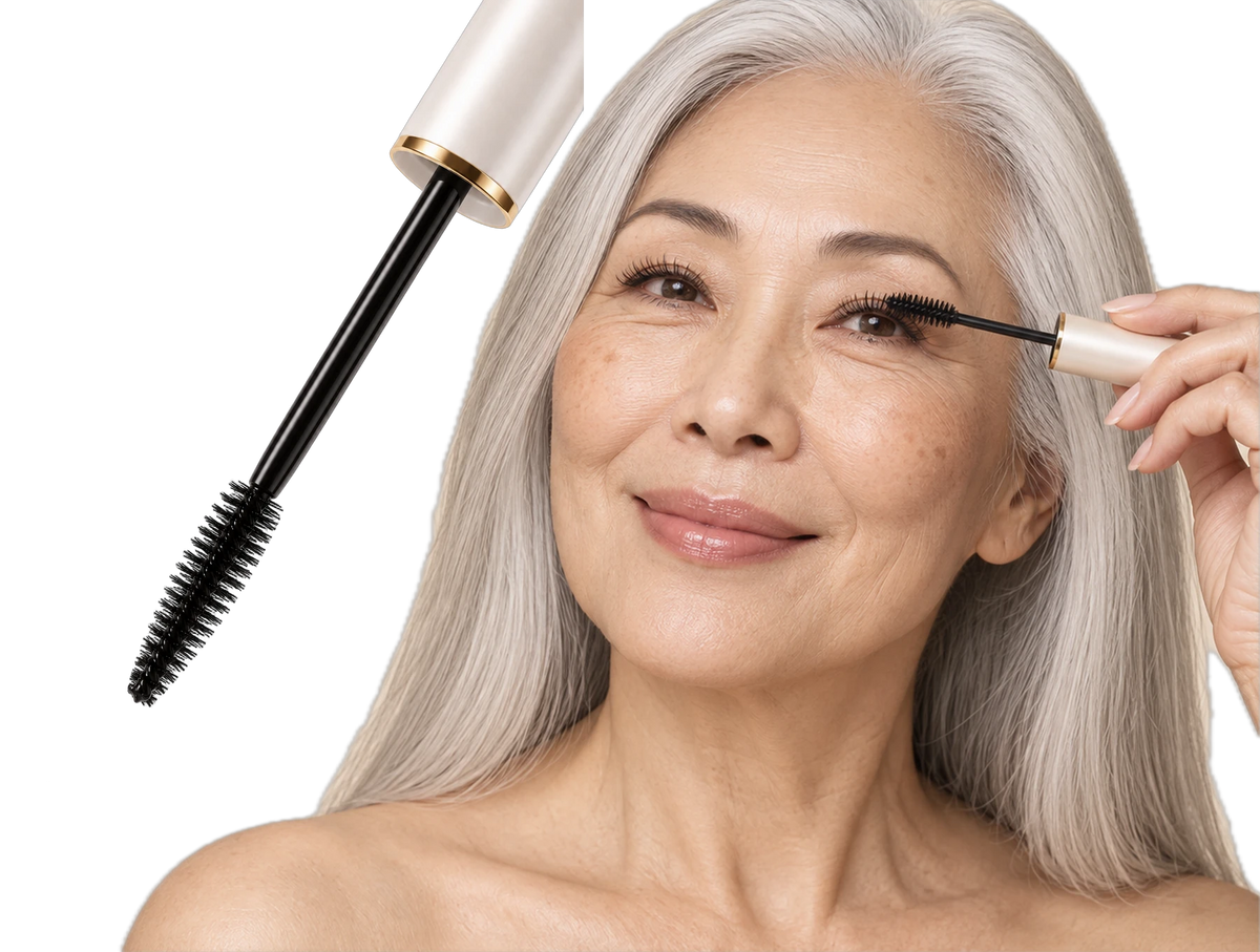 Woman with long silver hair applying Naria Petal Cast mascara